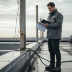 Un ingénieur procède à l’inspection d’un paratonnerre installé sur le toit d’un bâtiment.