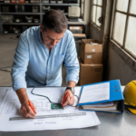 Un ingénieur passe en revue les documents relatifs à l’audit de protection contre la foudre dans son bureau.