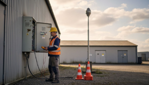 Un technicien procède à la vérification des dispositifs de sécurité liés à l’éclairage industriel.
