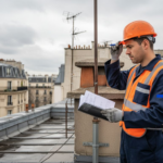 Un ingénieur procède à l’inspection d’un paratonnerre installé sur le toit d’un immeuble en ville.