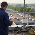 Un électricien vérifie l’état des paratonnerres installés sur le toit.