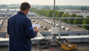 Un électricien vérifie l’état des paratonnerres installés sur le toit.