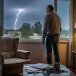 Une personne contemple l’orage et les éclairs à travers la fenêtre.