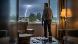 Une personne contemple l’orage et les éclairs à travers la fenêtre.