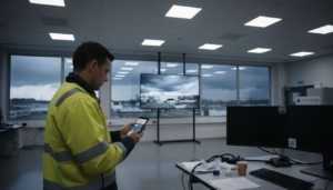 Opérateur chargé de la surveillance des alertes météo en poste de contrôle