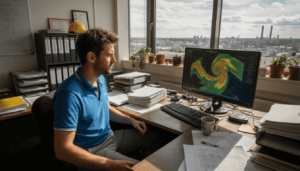 Ingénieur chargé du suivi et de la gestion des risques liés à la foudre, travaillant en environnement bureautique.