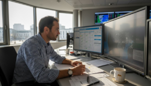 Un technicien en train de suivre en temps réel les données météorologiques affichées sur son écran.