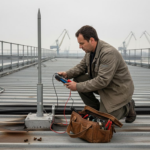 Un technicien vérifie l'installation du système de protection contre la foudre sur le toit.