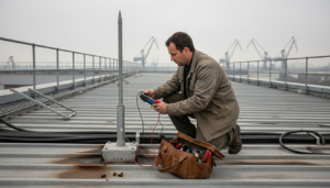 Un technicien vérifie l'installation du système de protection contre la foudre sur le toit.