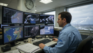 Un technicien surveille en temps réel les données météorologiques depuis la salle de contrôle.