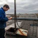 Un technicien procède à la vérification d’un paratonnerre installé sur le toit d’un immeuble en ville.