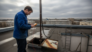 Un technicien procède à la vérification d’un paratonnerre installé sur le toit d’un immeuble en ville.