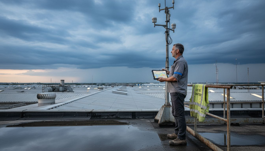 Le responsable de site surveille les conditions météorologiques depuis le toit du bâtiment industriel.