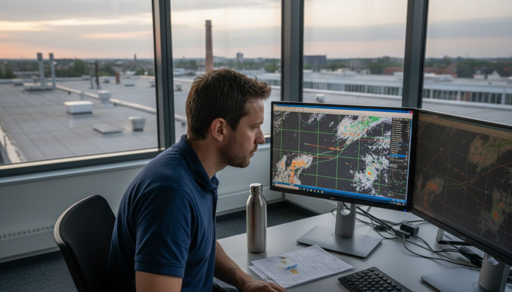 Technicien chargé de la surveillance des radars météorologiques, installé dans un bureau d’angle