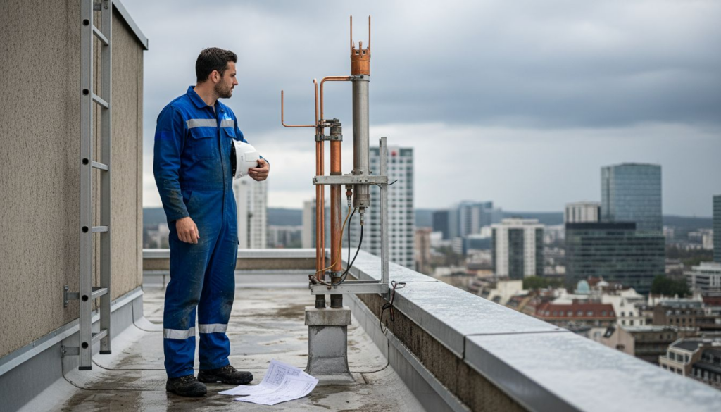 Un ingénieur vérifie l’installation du paratonnerre sur un immeuble en ville.