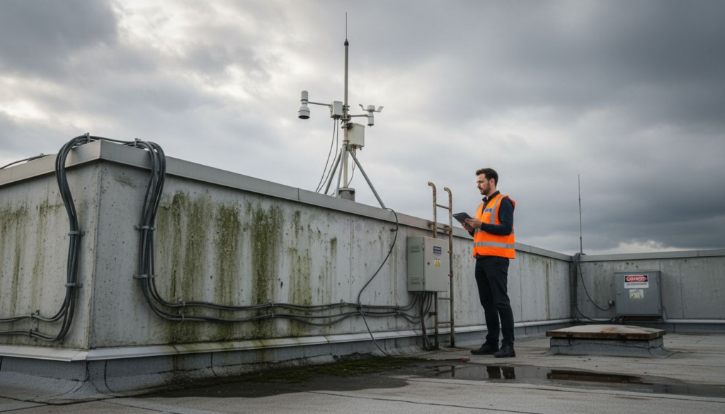 Un ingénieur contrôle le système d’alerte de foudre sur le toit d’un bâtiment industriel.