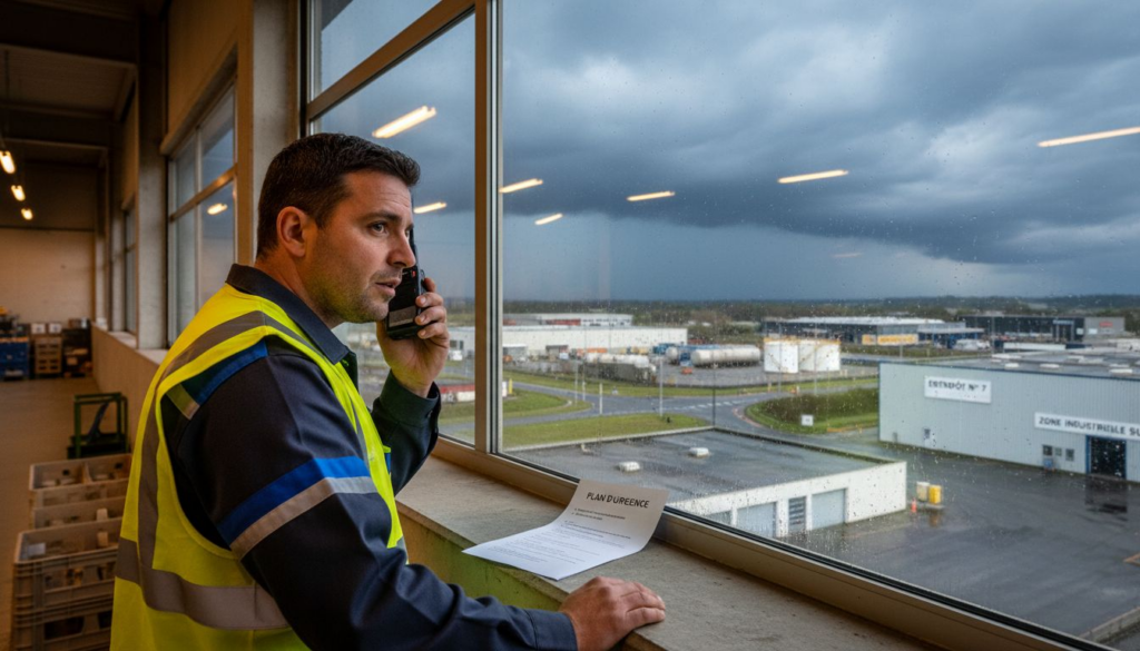 Un salarié vérifie les consignes de sécurité à suivre en cas d’orage