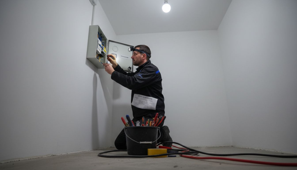 Un professionnel contrôle l'installation du boîtier parafoudre pour s'assurer de son bon fonctionnement et de sa conformité aux normes en vigueur.