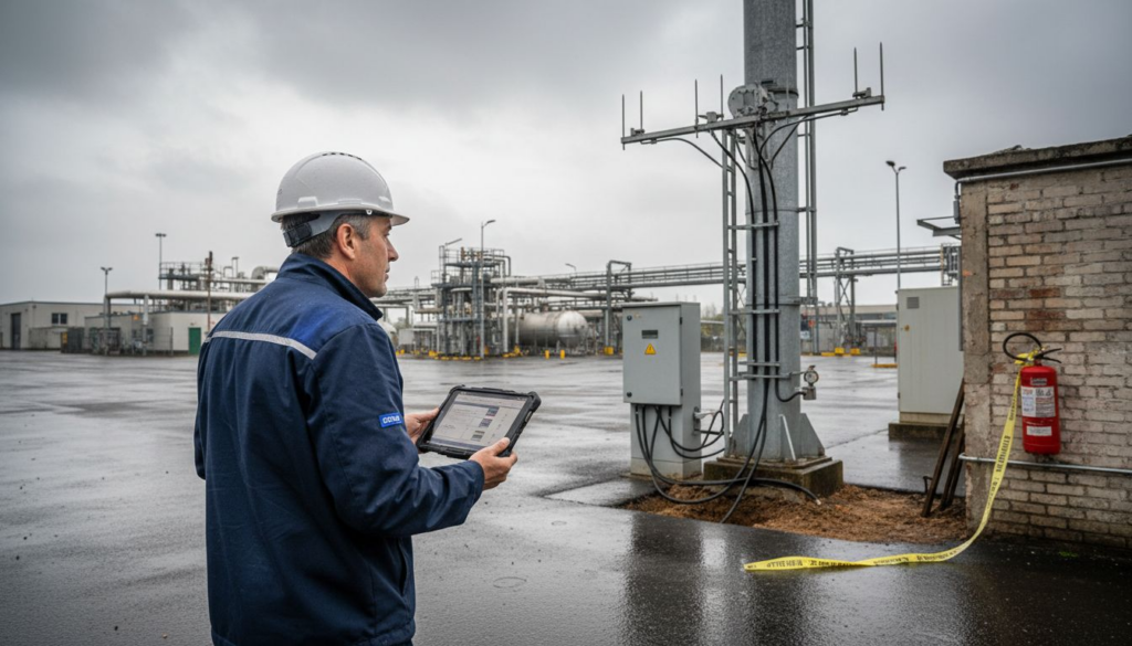 Un spécialiste de la protection contre la foudre en pleine inspection sur un site industriel