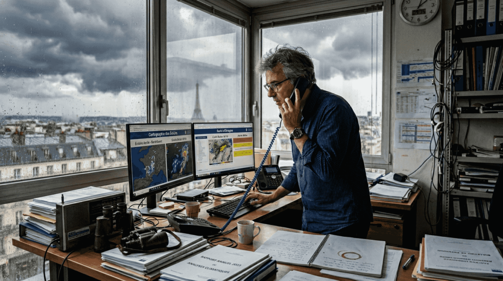 Ingénieur météorologue en pleine observation d’un orage accompagné d’éclairs