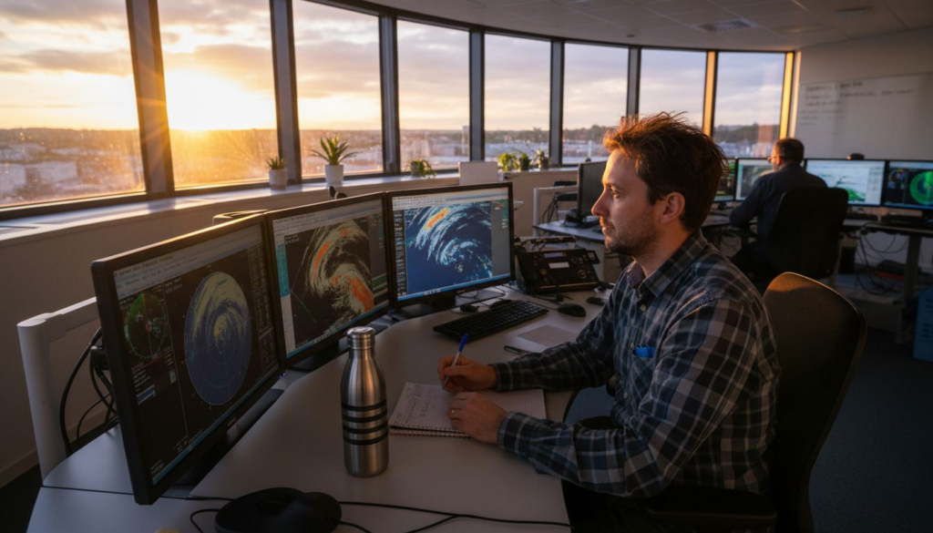 Technicien en charge de la surveillance des consoles météo au centre de suivi des orages