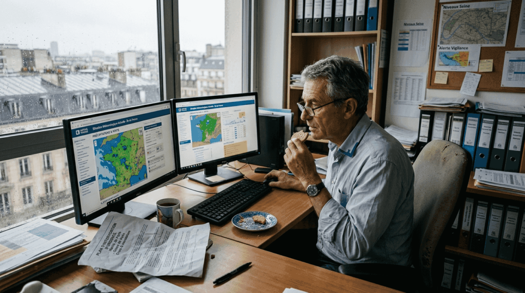 Un homme suit l’évolution des orages et des éclairs sur ses écrans, depuis un bureau en ville.