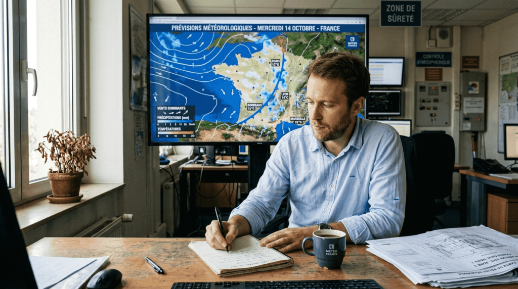 Un opérateur en charge de la surveillance des alertes météo, attentif devant un grand écran.