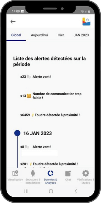 Interface LPS Manager historique des alertes foudre sur une zone et une période donnée