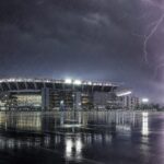 Éclair frappant un stade de football lors d'un orage violent — protocole foudre CdM 2026
