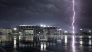 Éclair frappant un stade de football lors d'un orage violent — protocole foudre CdM 2026