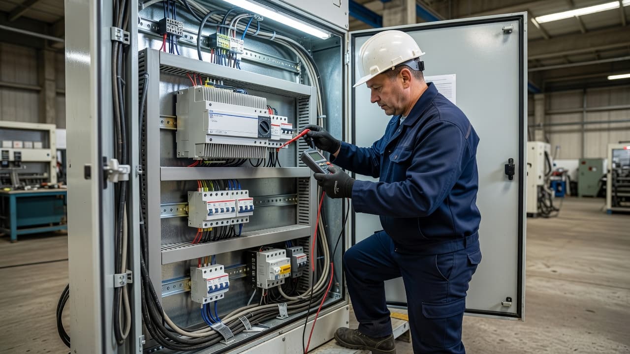 A technician wearing professional gear carefully inspects the internal components of an industrial surge protection panel. The organized wiring and modular breakers are illuminated clearly within the metal electrical cabinet.