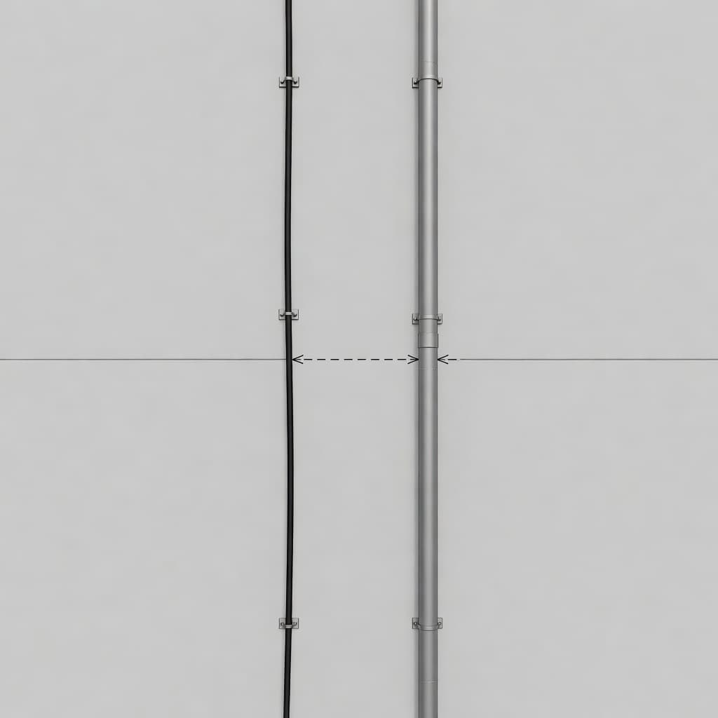 Une illustration technique en style minimaliste présente un câble de descente de foudre fixé sur une façade, illustrant précisément la distance de sécurité requise entre ce conducteur et un tuyau métallique adjacent.
