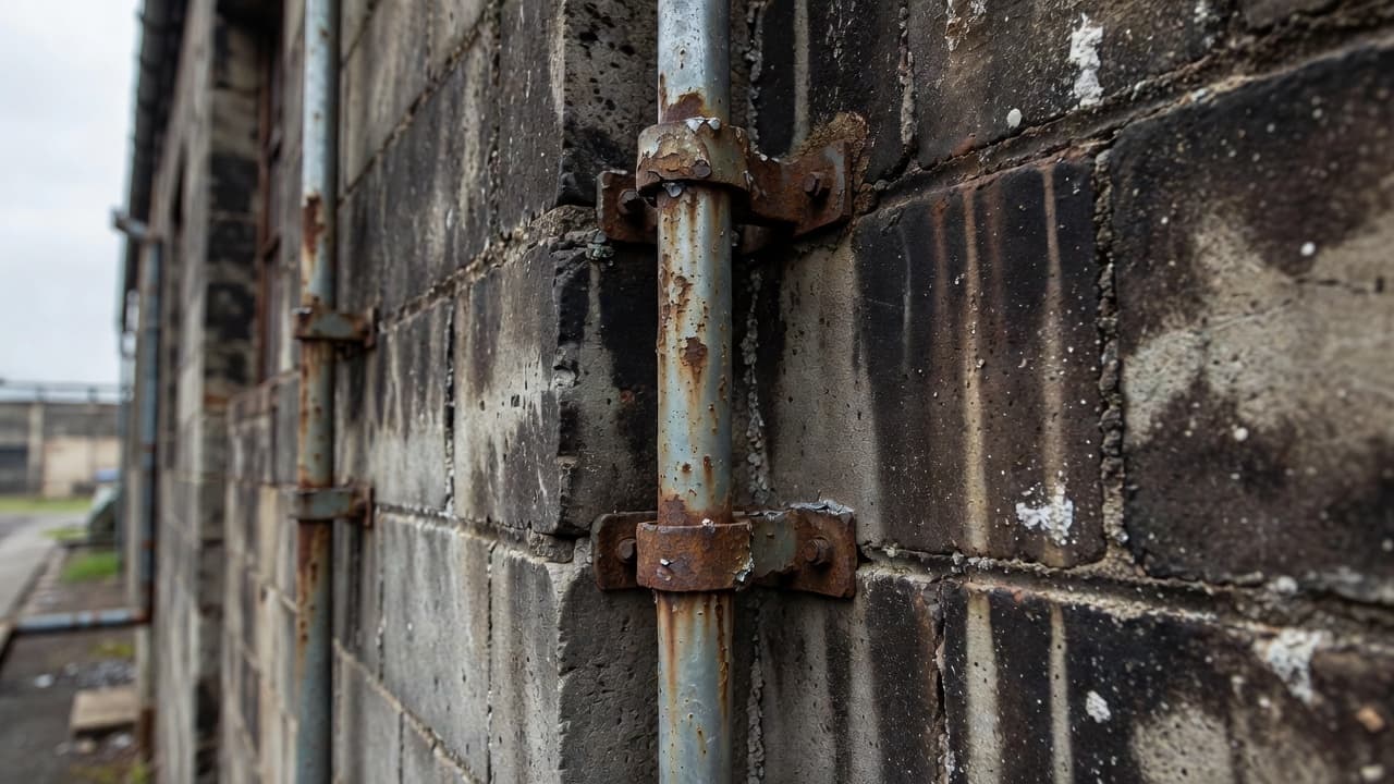 Un conducteur de foudre métallique oxydé fixé sur un mur en béton vieilli.