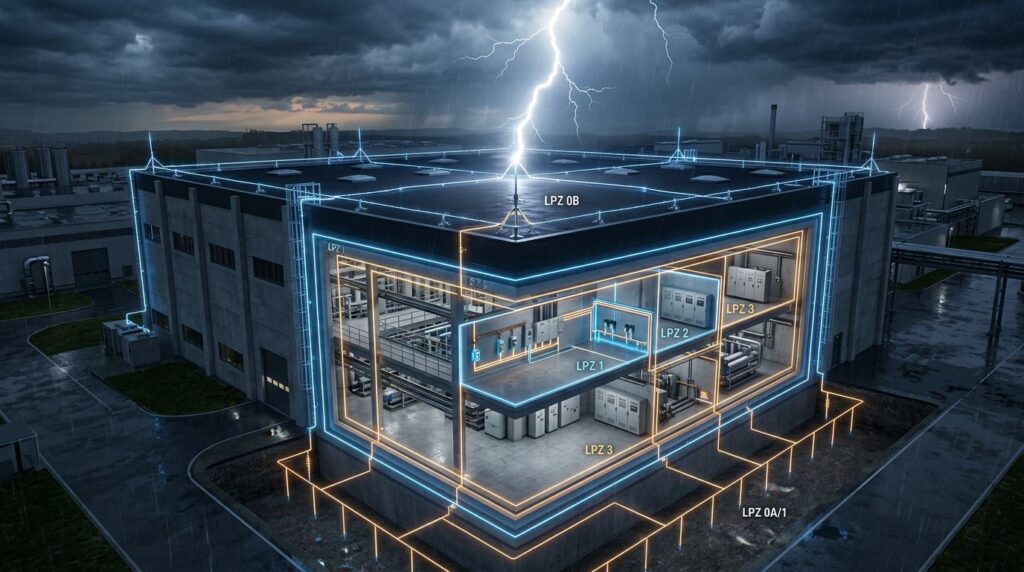 Un site industriel frappé par la foudre avec un système de protection visible.