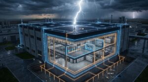Un site industriel frappé par la foudre avec un système de protection visible.