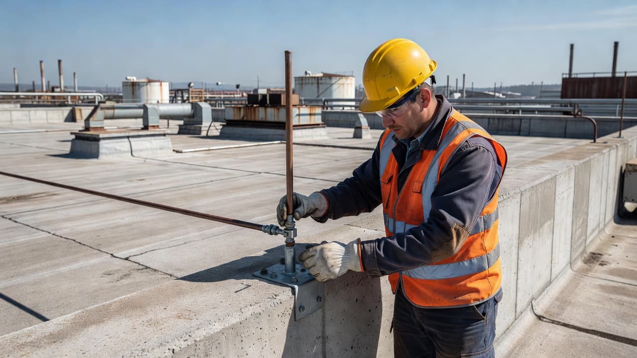 Un technicien portant un équipement de sécurité inspecte une connexion de paratonnerre sur un toit industriel.