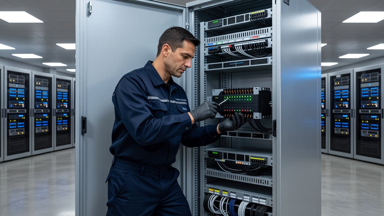 Un technicien vêtu d'un uniforme de travail inspecte un parafoudre à l'intérieur d'une baie informatique propre et organisée. L'éclairage met en valeur les composants électroniques précis de cette armoire technique.