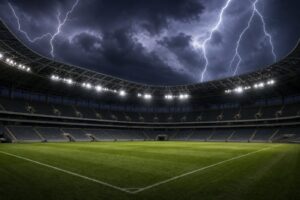 Stade de football sous un orage — protocole de protection foudre FIFA