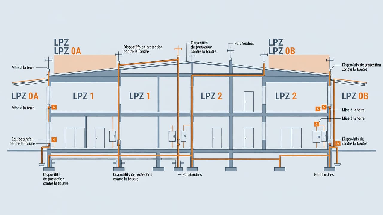 Schéma en coupe d'un bâtiment industriel illustrant les zones LPZ et les dispositifs de protection contre la foudre.