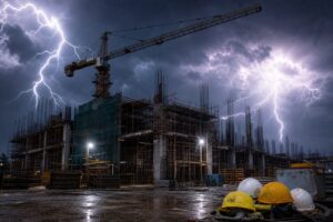 Construction site during thunderstorm — lightning safety BTP
