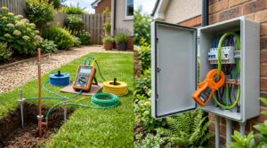 Deux appareils mesurent la résistance de terre dans un jardin et un coffret électrique.
