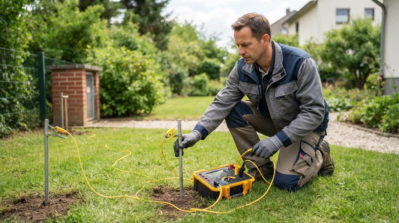 Un technicien utilise un appareil relié à des câbles jaunes et à des piquets plantés dans un jardin.