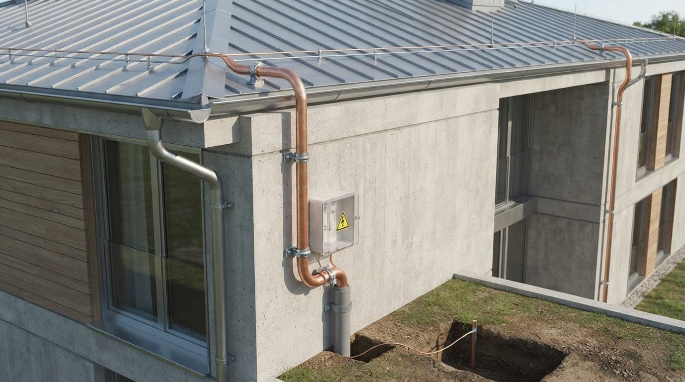 Des conducteurs de foudre descendent autour d'une toiture métallique avec un sectionneur et une protection basse.
