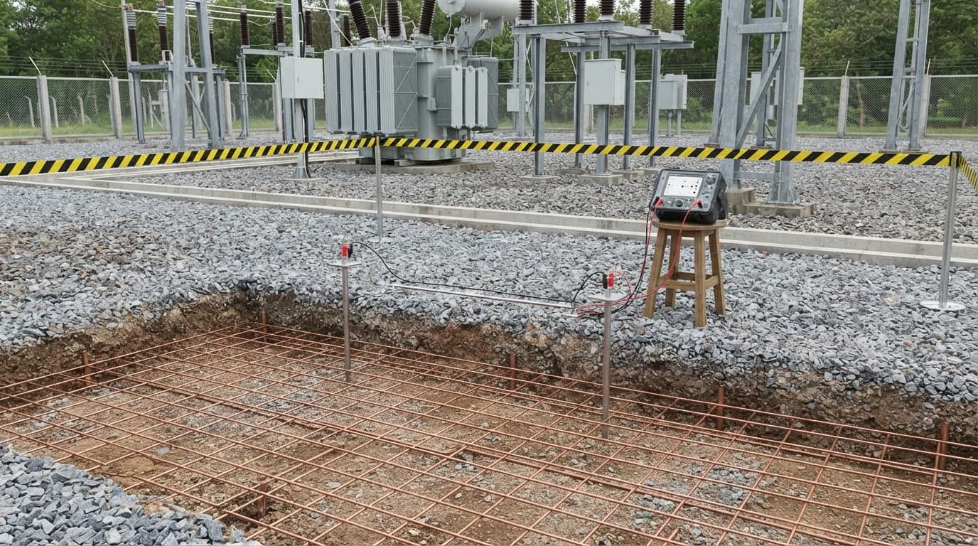 Deux électrodes reliées à un voltmètre reposent au-dessus d’un réseau maillé enterré
