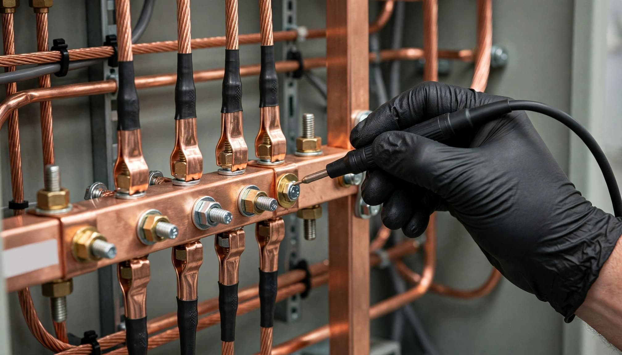 Une main gantée applique une sonde sur la barrette de terre et ses conducteurs en cuivre.