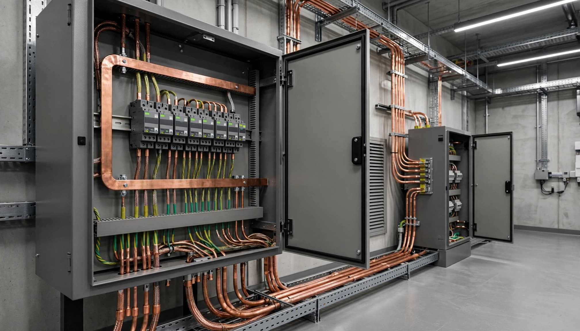 Deux armoires électriques reliées par des conducteurs en cuivre dans une salle industrielle.