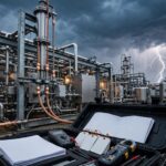Une installation ATEX sous l’orage, avec une mallette d’inspection ouverte au premier plan.