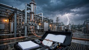 Une installation ATEX sous l’orage, avec une mallette d’inspection ouverte au premier plan.