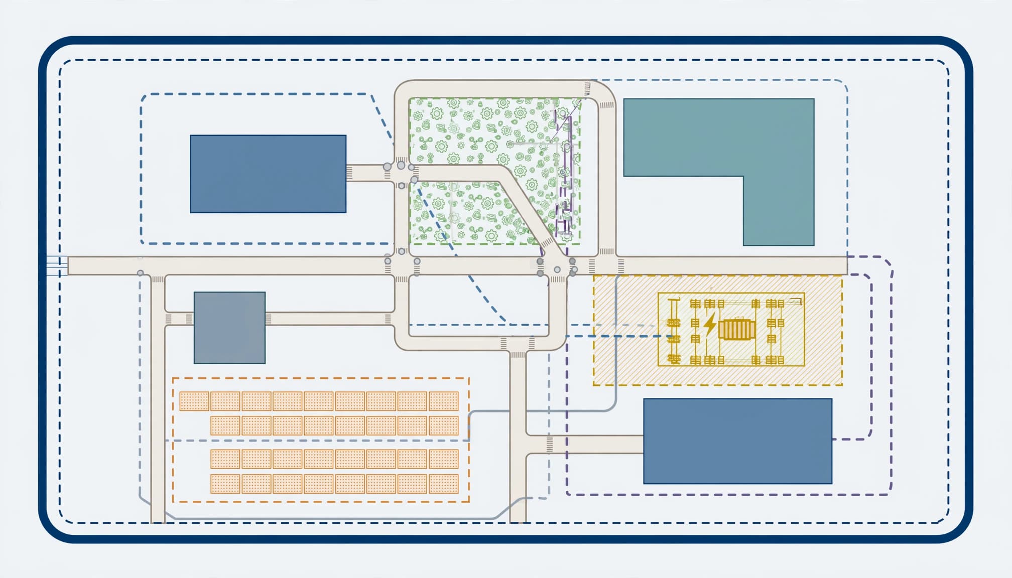 Vue en plan d'un site industriel avec quatre bâtiments, des voies internes et des réseaux enterrés.