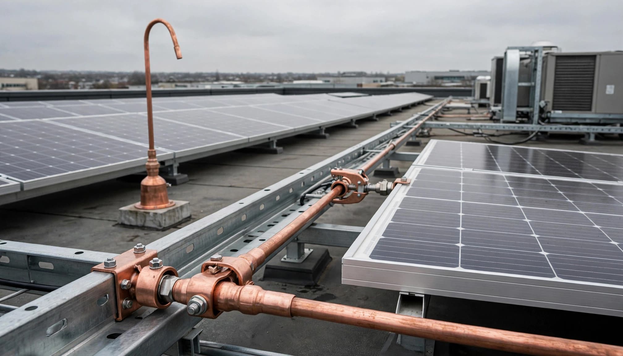 Un conducteur en cuivre relie le paratonnerre aux chemins de câbles et aux cadres photovoltaïques.